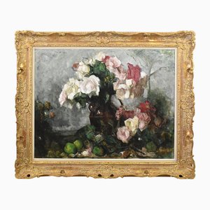 Jean Laudy, Still Life with Vase of Roses and Peonies, Oil on Canvas, 20th Century, Framed
