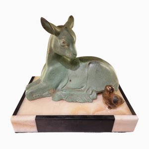 Art Deco Goat with Bird in a Pastoral Scene in Spelter on Marble after Irénée Rochard, 1920-1930s