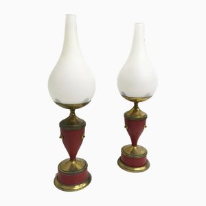 Lampade da tavolo in metallo verniciato, ottone e vetro, Italia, anni '50, set di 2