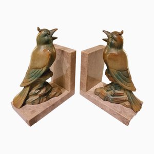 French Art Deco Bookends with Cockatoos on Marble Bases, 1920s, Set of 2