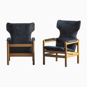 Set von Armlehnstühlen aus Teak mit blau gemusterten Kissen, 1969
