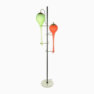 Black Metal and Brass Floor Lamp with Green and Orange Murano Glass Shades from Stilnovo, 1950s