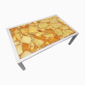Large Vintage Coffee Table in Chrome Metal, Yellow Onyx Type and Resin, 1970s