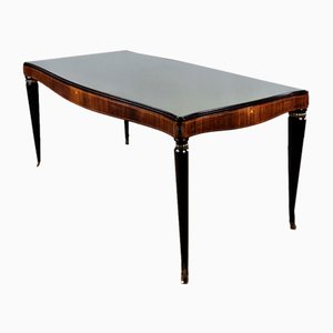 Mid-Century Dining Table in Mahogany with Glass Top and Brass Decorations, 1950