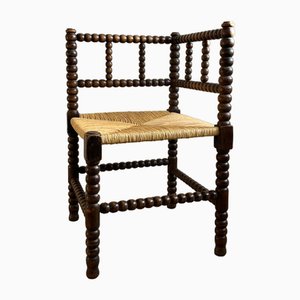 Silla de esquina Bobbin de madera torneada con asiento de punta, década de 1890