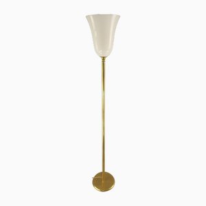 Grand Lampadaire Art Déco en Laiton avec Abat-Jour en Verre Opalin, France, 1920s