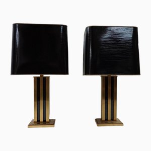 Lampade da tavolo Hollywood Regency Mid-Century moderne laccate nere e ottone, anni '70, set di 2