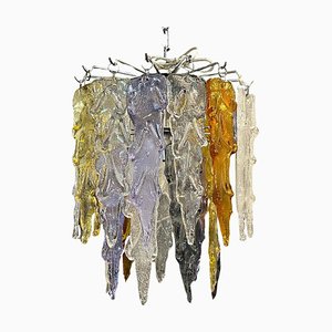 Lámpara de araña modernista en cascada de cristal de Murano policromado atribuida a Mazzega, años 80