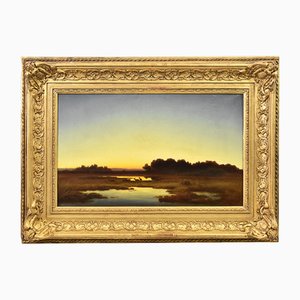 Anton Zwengauer, Landscape at Sunset with Deer, 19th Century, Oil on Canvas, Framed