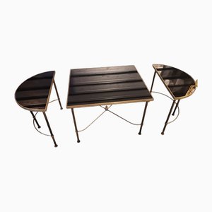 Black Glass and Gilt Brass Coffee Tables, France, 1950s-1960s, Set of 3