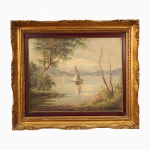French Artist, Lake with Boats, 1950, Oil on Canvas, Framed