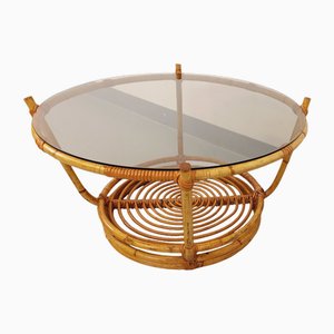 Vintage Round Smoked Glass and Rattan Coffee Table, 1970s