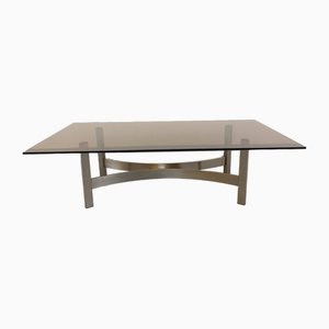 Smoked Glass, Brushed Aluminum and Cast Iron Coffee Table, 1970s