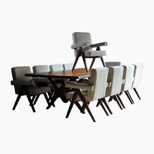 Dining Table and Chairs by Pierre Jeanneret for Jacques Dworczak, 1954, Set of 11