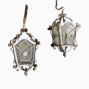 Mid-Century Spanish Wrought Iron and Crystals Lanterns, Set of 2