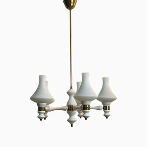 Nordic Minimalist Chandelier with Opal Glass Shades attributed to Lival, Finland, 1970s