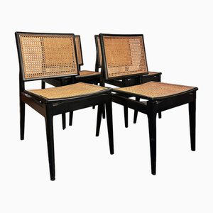 Swiss Black Lacquered Oak and Cane Chairs, 1960s, Set of 4