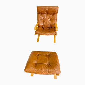 Mid-Century Leather Lounge Chair with Ottoman by Oddvin Rykken, 1970, Set of 2
