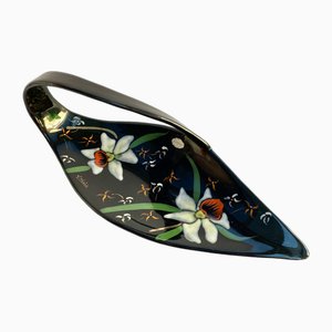 Handbemalte Obstschale mit Blumenmotiv aus glasierter Keramik von Longwy, Frankreich