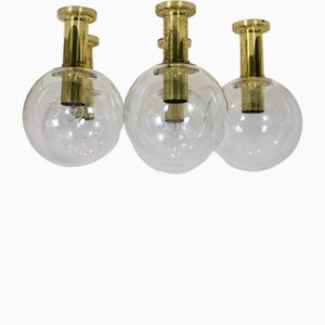 Vintage Brass and Glass Globe Flush Mount by Glashütte Limburg, 1960s