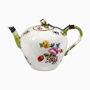 Rococo Tea Pot with Flower Decoration and Silver Mount from Meissen, 1750