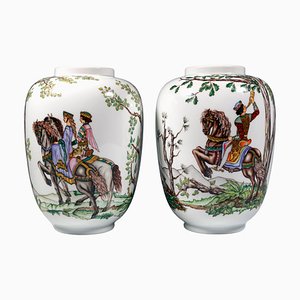 Large Lampion Vases with Falcon Hunt Decor from Augarten, Vienna, Austria, 1950s, Set of 2