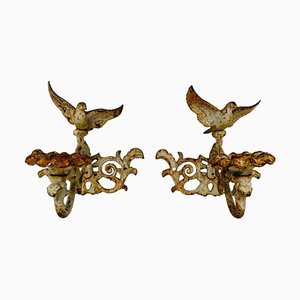 19th Century Cuban Rustic Cast Iron Dove Garden Wall Mounted Candleholders or Candelabras, 1890s, Set of 2