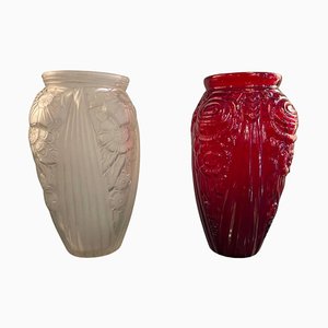 Art Deco Red and Opal White Art Glass Vases, 1940s, Set of 2