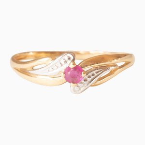 Vintage 18k Yellow and White Gold Ring with Synthetic Ruby ​, 1970s