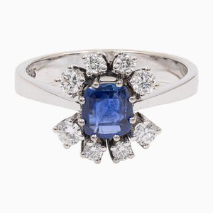 Vintage 14k White Gold Ring with Sapphire and Diamonds, 1960s