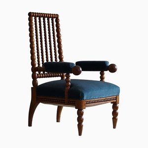 Bobbin Armchair in Oak and Blue Velvet, England, 19th Century