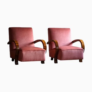 Danish Art Deco Lounge Chairs in Velvet and Walnut, 1930s, Set of 2