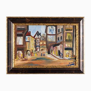 Ecole Française d'Artiste, Paysage de Rue, Peinture à l'Huile sur Toile, Milieu du 20e Siècle, Encadrée