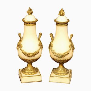 Vases Cassolette en Forme de Poire Louis XVI Revival Bronze Doré et Marbre, France, Set de 2