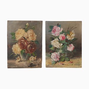 Natures Mortes aux Fleurs, Début du XXe Siècle, Peintures sur Panneaux, Set de 2
