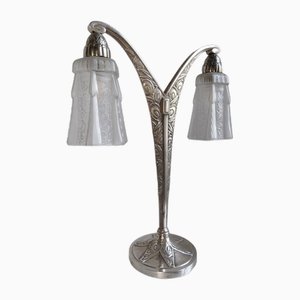 Lámpara de mesa francesa Art Déco vintage de bronce niquelado, años 20