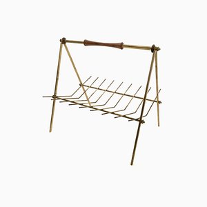 Vintage Italian Magazine Rack in Brass and Wood, 1950s