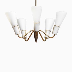 Swedish Brass with Beech Five Arm Chandelier with Frosted Art Glass Shades attributed to Hans Bergström for Asea, 1950s