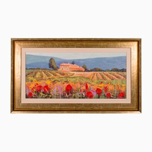 Artista italiano, paisaje toscano, años 90, óleo sobre lienzo, enmarcado