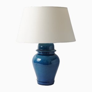 Lampada da tavolo in ceramica blu craquelé, anni '60