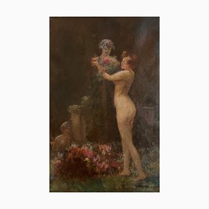 Albert Cresswell, Nymphe de dos avec statue et angelot, Oil on Canvas
