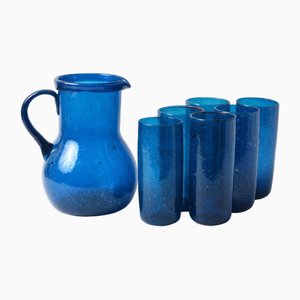 Blue Bubble Glass Pitcher with Tumblers, 1950s, Set of 7
