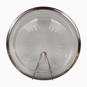 Vassoio in cristallo tagliato con bordo in argento, anni '20