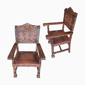 19th Century Spanish Frailero Armchairs with turned legs, Set of 2