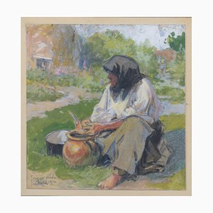 Sconosciuto, contadina che fuma la pipa mentre lavora, acquerello, 1890, con cornice