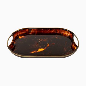 Oval Serving Tray in Effect Tortoiseshell Acrylic & Brass attributed to Guzzini, Italy, 1970s