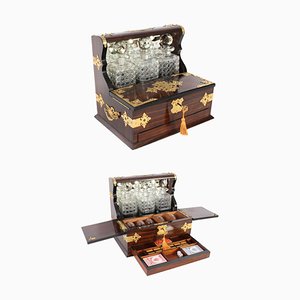 Decanter Coromandel antico in cristallo con 3 cassetti Tantalus & Games, XIX secolo, set di 14