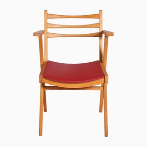Mid-Century French Beech Chair with Red Vinyl Seat, 1960s