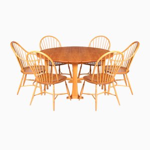 Mid-Century Gate Leg Dining Table and Dining Chairs from Ercol, 1970s, Set of 7