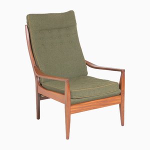 Mid-Century Afrormosia Armchair with Original Green Fabric Upholstery from Cintique